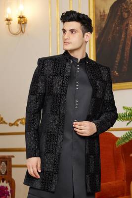 black computer thread work on velvet 3 piece indo western with faux satin for mens 3