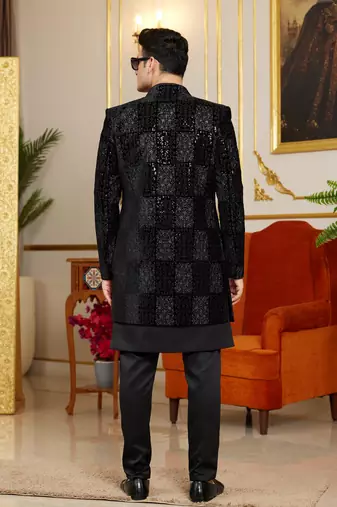 black computer thread work on velvet 3 piece indo western with faux satin for mens