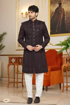 brown computer thread work on velvet sherwani with faux satin for mens 1