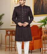 Brown computer thread work on velvet Sherwani with faux satin for mens