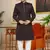 brown computer thread work on velvet sherwani with faux satin for mens