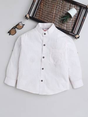Beige cotton full sleeves tropical print  mandarin collar shirt for boys 1