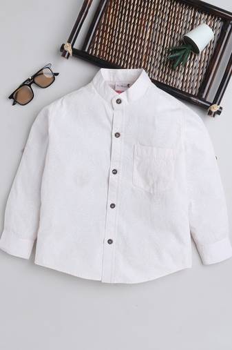 Beige cotton full sleeves tropical print  mandarin collar shirt for boys