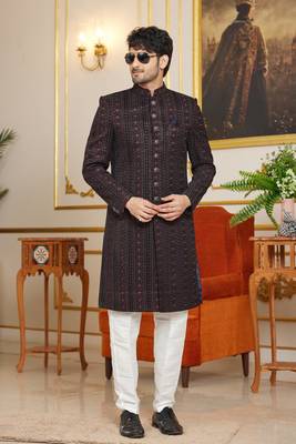 brown computer thread work on velvet sherwani with faux satin for mens 2
