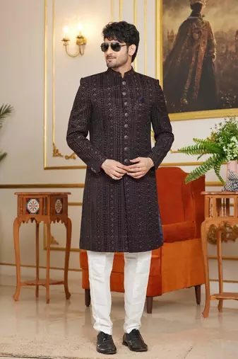 brown computer thread work on velvet sherwani with faux satin for mens