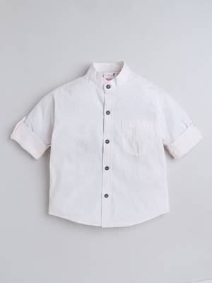 Beige cotton full sleeves tropical print  mandarin collar shirt for boys 2