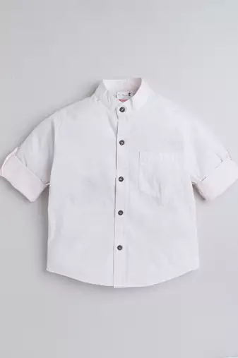 Beige cotton full sleeves tropical print  mandarin collar shirt for boys
