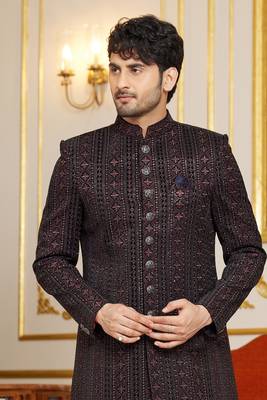 brown computer thread work on velvet sherwani with faux satin for mens 3