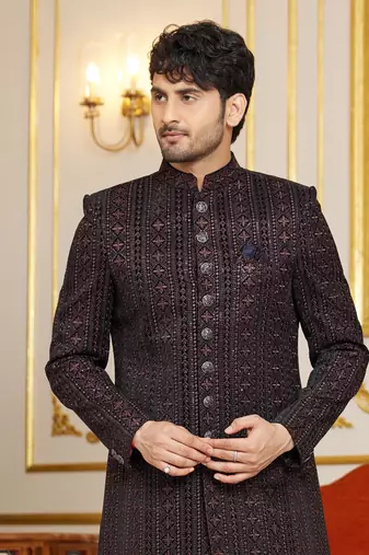 brown computer thread work on velvet sherwani with faux satin for mens