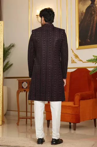 brown computer thread work on velvet sherwani with faux satin for mens