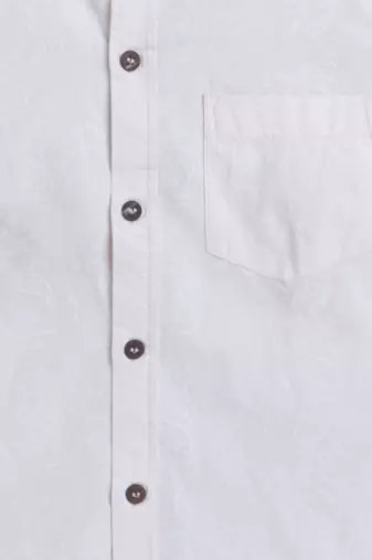 Beige cotton full sleeves tropical print  mandarin collar shirt for boys