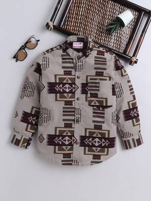 Brown cotton full sleeves abstract print  mandarin collar shirt for boys 1