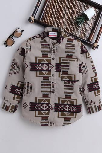 Brown cotton full sleeves abstract print  mandarin collar shirt for boys