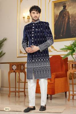 blue computer thread work on velvet sherwani with faux satin pajama for mens 1