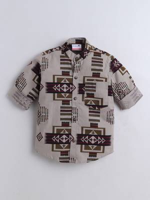 Brown cotton full sleeves abstract print  mandarin collar shirt for boys 2