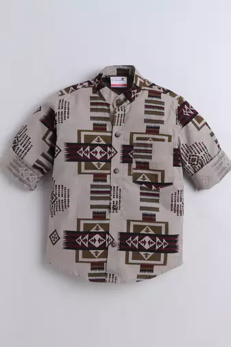 Brown cotton full sleeves abstract print  mandarin collar shirt for boys