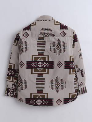 Brown cotton full sleeves abstract print  mandarin collar shirt for boys 3