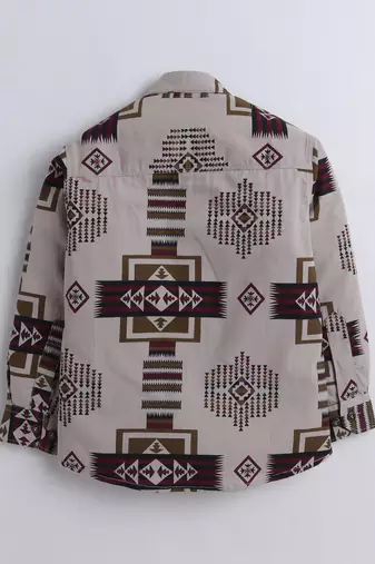 Brown cotton full sleeves abstract print  mandarin collar shirt for boys