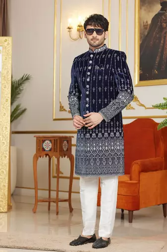 blue computer thread work on velvet sherwani with faux satin pajama for mens