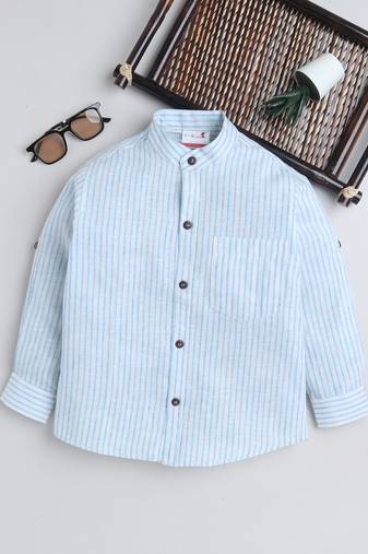 Blue cotton linen full sleeves striped  mandarin collar shirt for boys