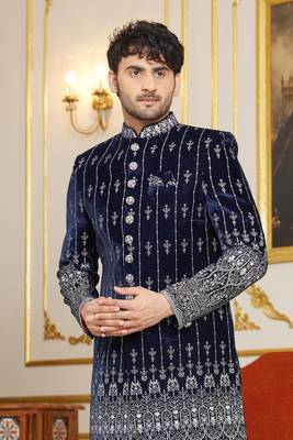 blue computer thread work on velvet sherwani with faux satin pajama for mens 3