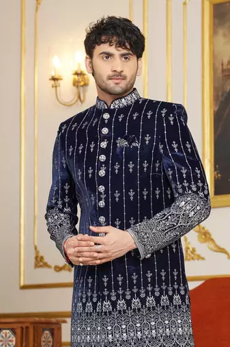 blue computer thread work on velvet sherwani with faux satin pajama for mens