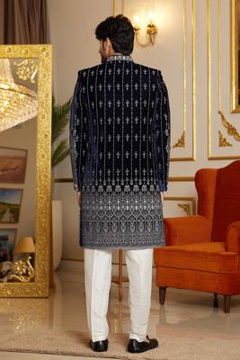 blue computer thread work on velvet sherwani with faux satin pajama for mens 4