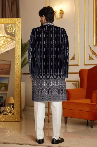 blue computer thread work on velvet sherwani with faux satin pajama for mens