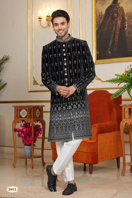 black indo-western sherwani for men with silver thread embroidery 1