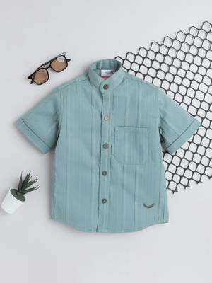 Green cotton double cloth designer half sleeves mandarin collar shirt for girls and boys 1