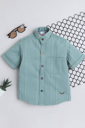 Green cotton double cloth designer half sleeves mandarin collar shirt for girls and boys