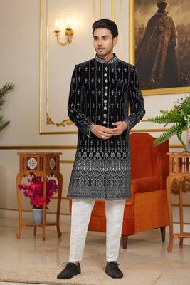 black indo-western sherwani for men with silver thread embroidery 2