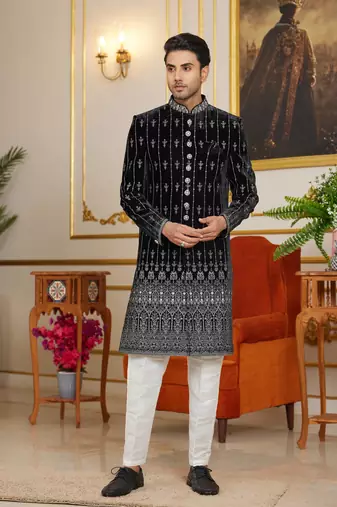 black indo-western sherwani for men with silver thread embroidery