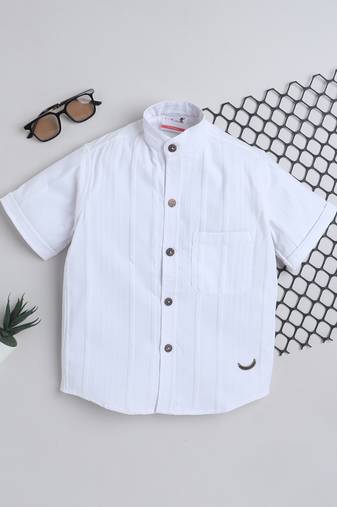 White cotton double cloth designer half sleeves mandarin collar shirt for girls and boys