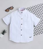 White cotton double cloth designer half sleeves mandarin collar shirt for girls and boys