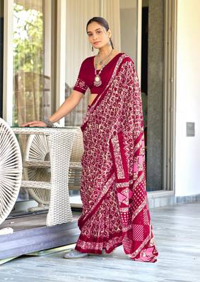 Maroon soft cotton hand block batik print saree with matching blouse piece-ready to wear 1