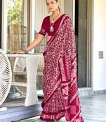 Maroon soft cotton hand block batik print saree with matching blouse piece-ready to wear
