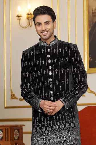 black indo-western sherwani for men with silver thread embroidery
