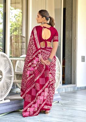 Maroon soft cotton hand block batik print saree with matching blouse piece-ready to wear 2