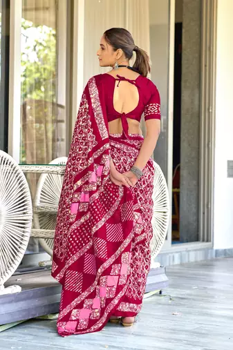 Maroon soft cotton hand block batik print saree with matching blouse piece-ready to wear