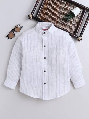 White cotton linen full sleeves striped  mandarin collar shirt for boys 1