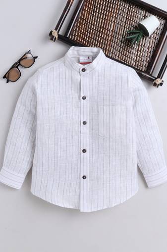 White cotton linen full sleeves striped  mandarin collar shirt for boys
