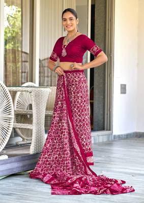 Maroon soft cotton hand block batik print saree with matching blouse piece-ready to wear 3