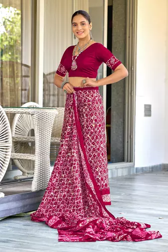 Maroon soft cotton hand block batik print saree with matching blouse piece-ready to wear