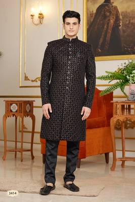 black computer thread work on velvet sherwani with faux satin pajama for mens 1