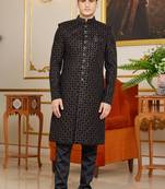 black computer thread work on velvet Sherwani with faux satin Pajama for mens