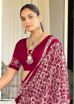 Maroon soft cotton hand block batik print saree with matching blouse piece-ready to wear 4