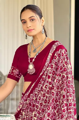 Maroon soft cotton hand block batik print saree with matching blouse piece-ready to wear