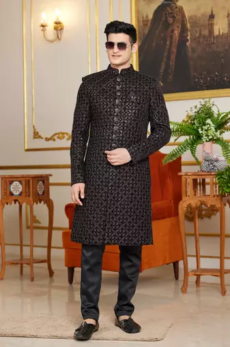 black computer thread work on velvet sherwani with faux satin pajama for mens