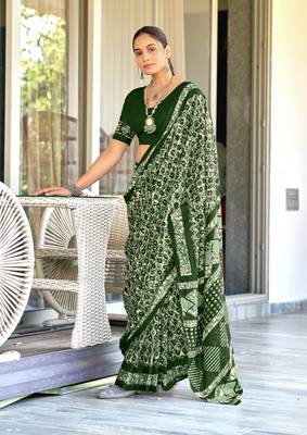 Green soft cotton hand block batik print saree with matching blouse piece-ready to wear 1